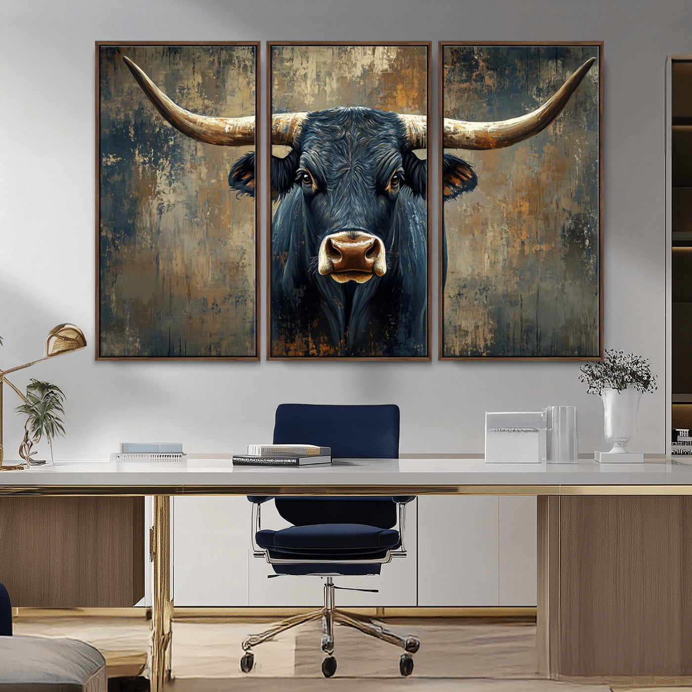 MGV-FC-48X32-3P - Texas Western Wall Art Canvas Print - Abstract Cow Longhorn Bull Wall Art Canvas Print - Rustic Cow