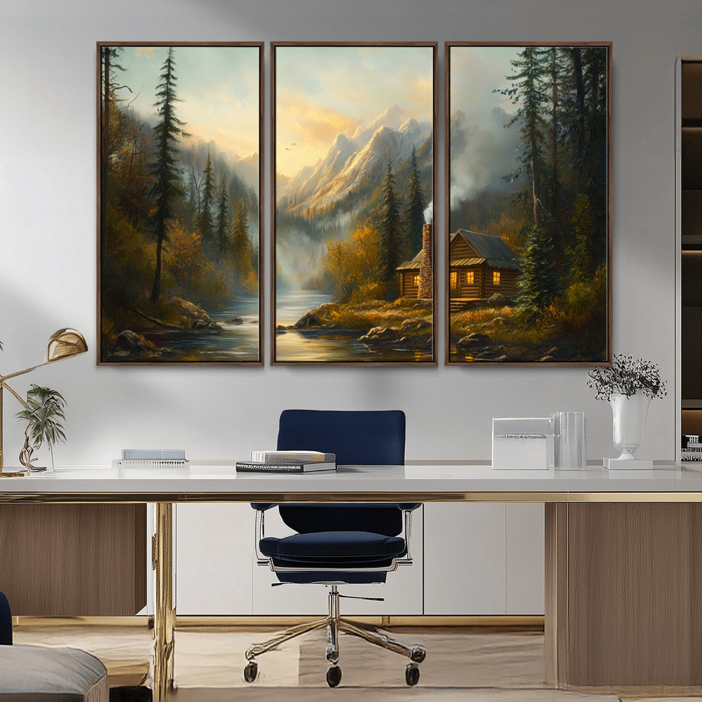 MGV-FC-48X32-3P - Wood Cabin Retreat Mountain at Sunset Wall Art Print - Serene Forest and River Landscape Wall Art