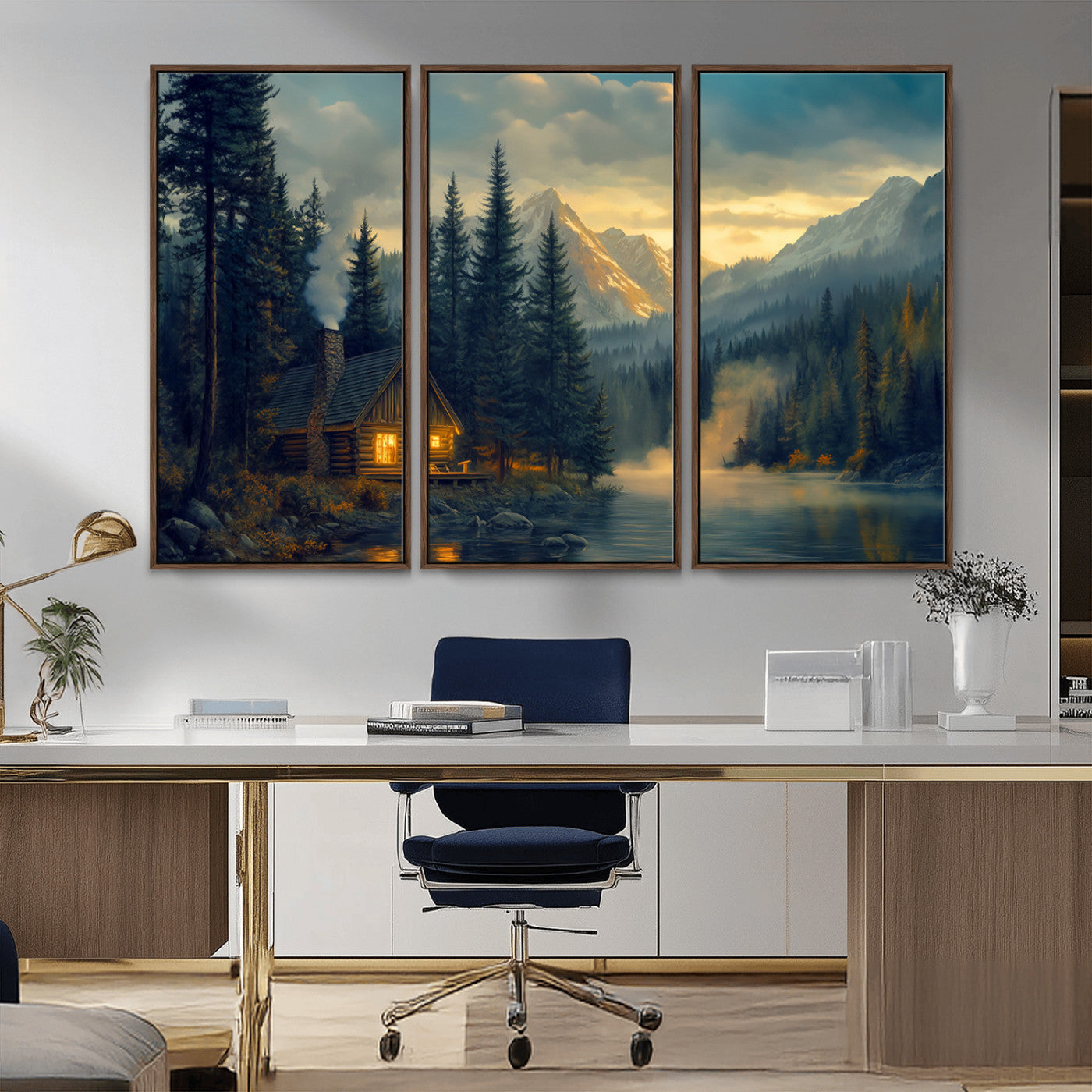 MGV-FC-48X32-3P - Mountain Cabin by the Lake at Sunset Wall Art - Serene Nature Canvas Print for Living Room Decor,