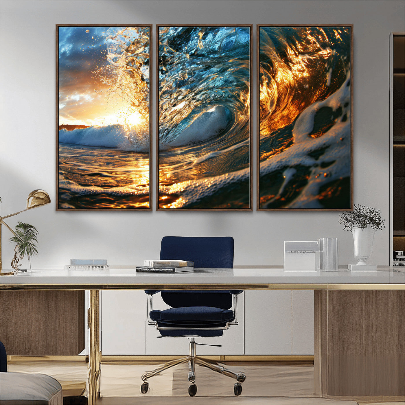 MGV-FC-48X32-3P - Ocean Wave at Sunset Canvas Wall Art – Vibrant Coastal Beach Waves Print, Large Nautical Decor,