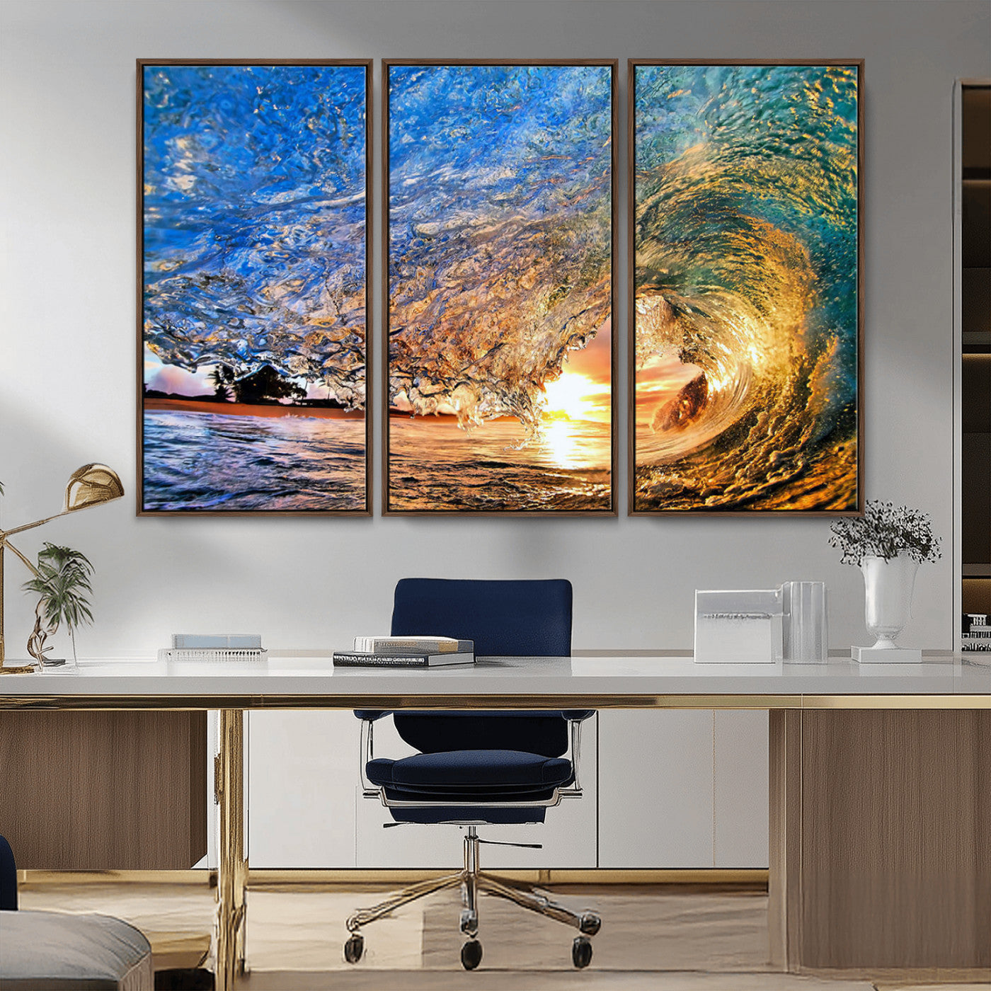 MGV-FC-48X32-3P - Ocean Wave at Sunset Canvas Wall Art – Vibrant Coastal Beach Waves Print, Large Nautical Decor,
