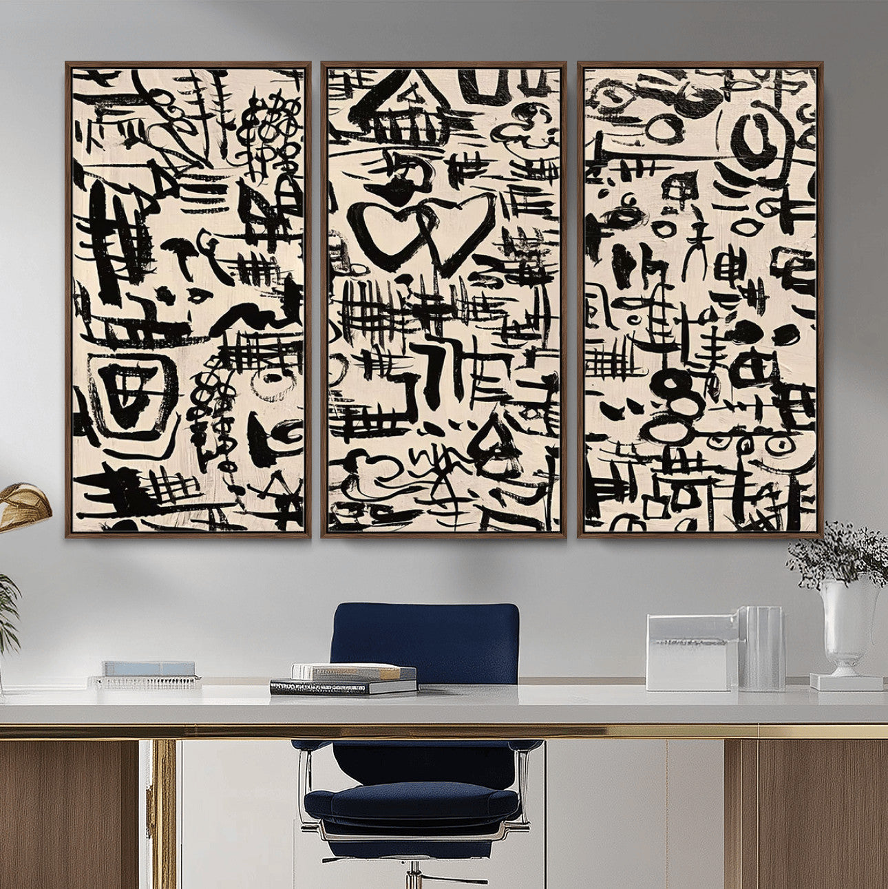 68273-MGV-FC-48X32-3P - Abstract Love and Chaos Canvas Print, Black Symbols on Beige