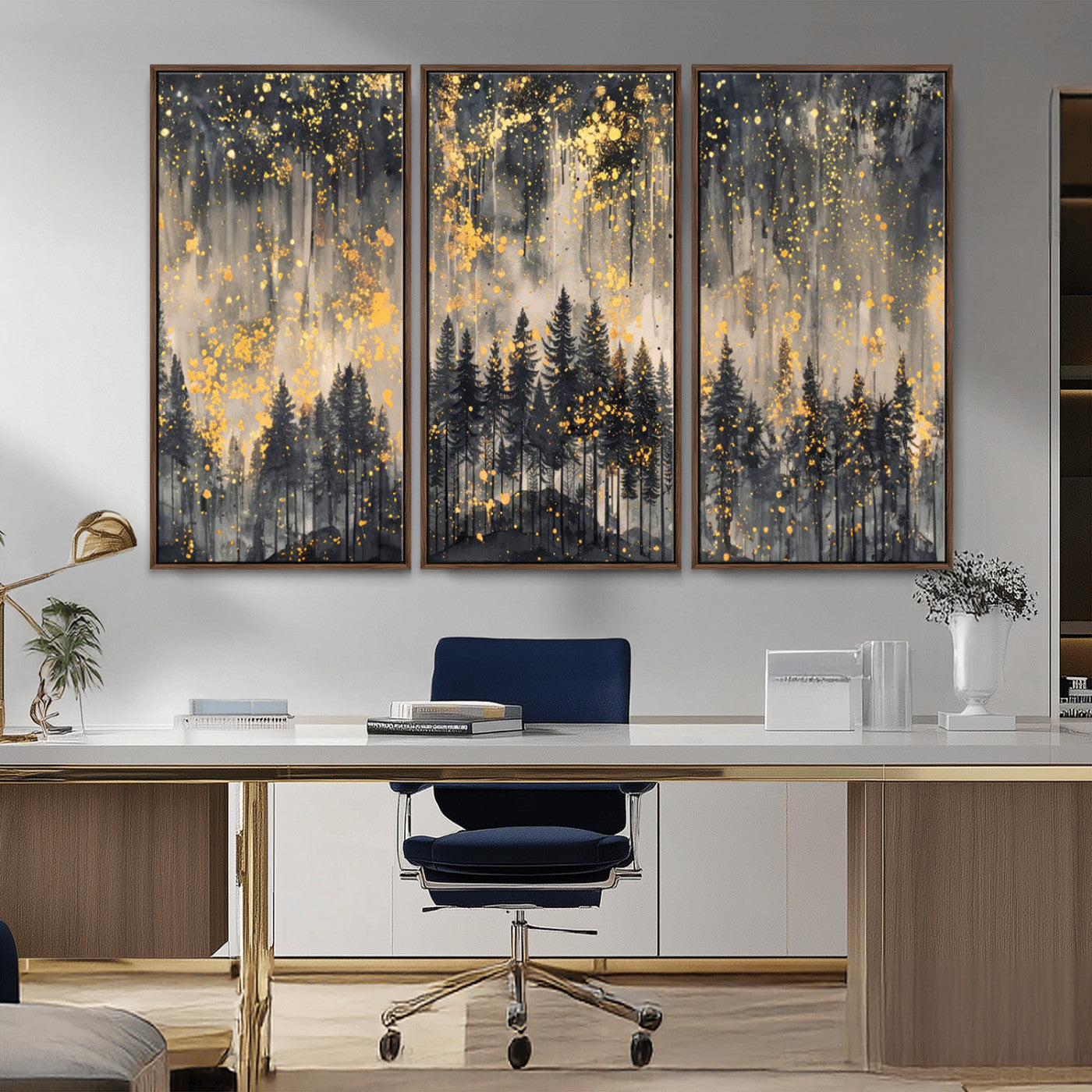 MGV-FC-48X32-3P - Golden Forest Abstract Wall Art | Dark Forest with Gold Splatter Accents | Triptych Ready to Hang