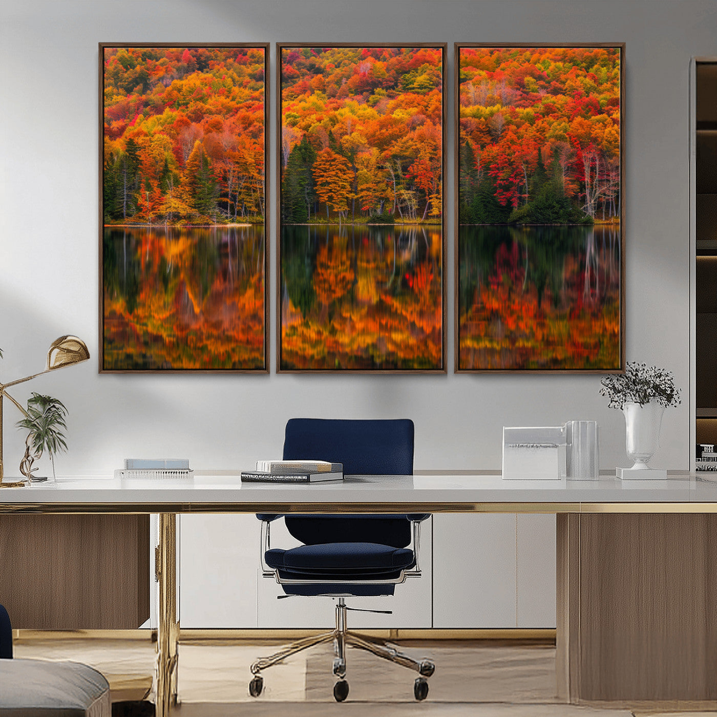 MGV-FC-48X32-3P - Fall Foliage Wall Art - Autumn Reflection Canvas Print, Stunning Fall Foliage Wall Art, Serene Lake