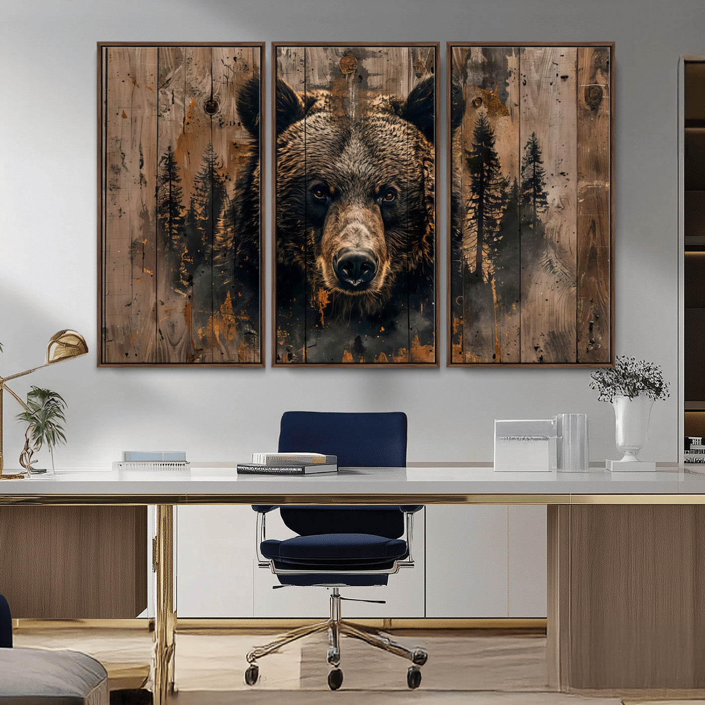 MGV-FC-48X32-3P - Rustic Grizzly 399 Wall Art | Triptych Canvas Print | Rustic Cabin Wall Decor | Perfect for