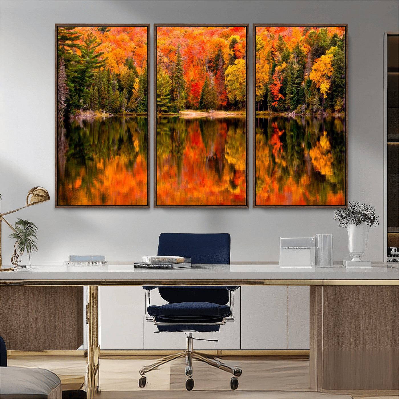 MGV-FC-48X32-3P - Forest Reflection Art | Autumn Forest Reflection Wall Art | Triptych Canvas Print | Vibrant Fall