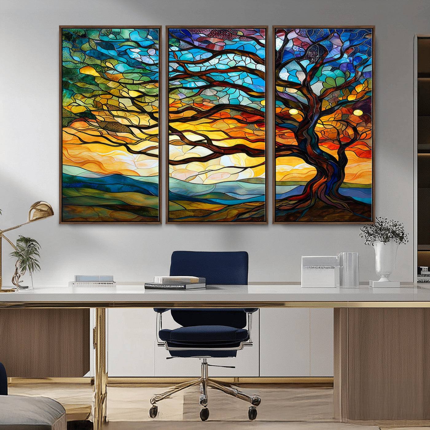 MGV-FC-48X32-3P - Vibrant Mosaic Tree of Life Wall Art | Stained Glass Style Canvas Print | Ready to Hang Artistic
