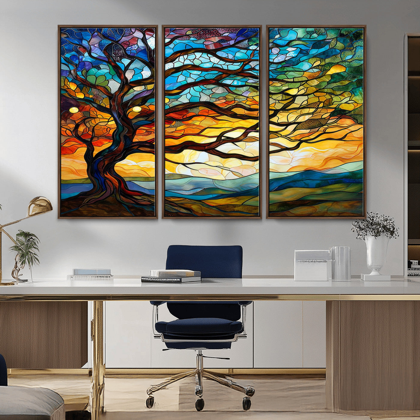 MGV-FC-48X32-3P - Mosaic Tree Wall Art | Ready to Hang Stained Glass Style Canvas Print | Farmhouse Wall Decor, Cabin