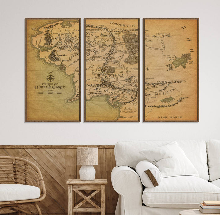 Vintage J.R.R. Tolkien Middle-Earth Map 3 Panel Canvas, perfect as wall art for home or office decor.