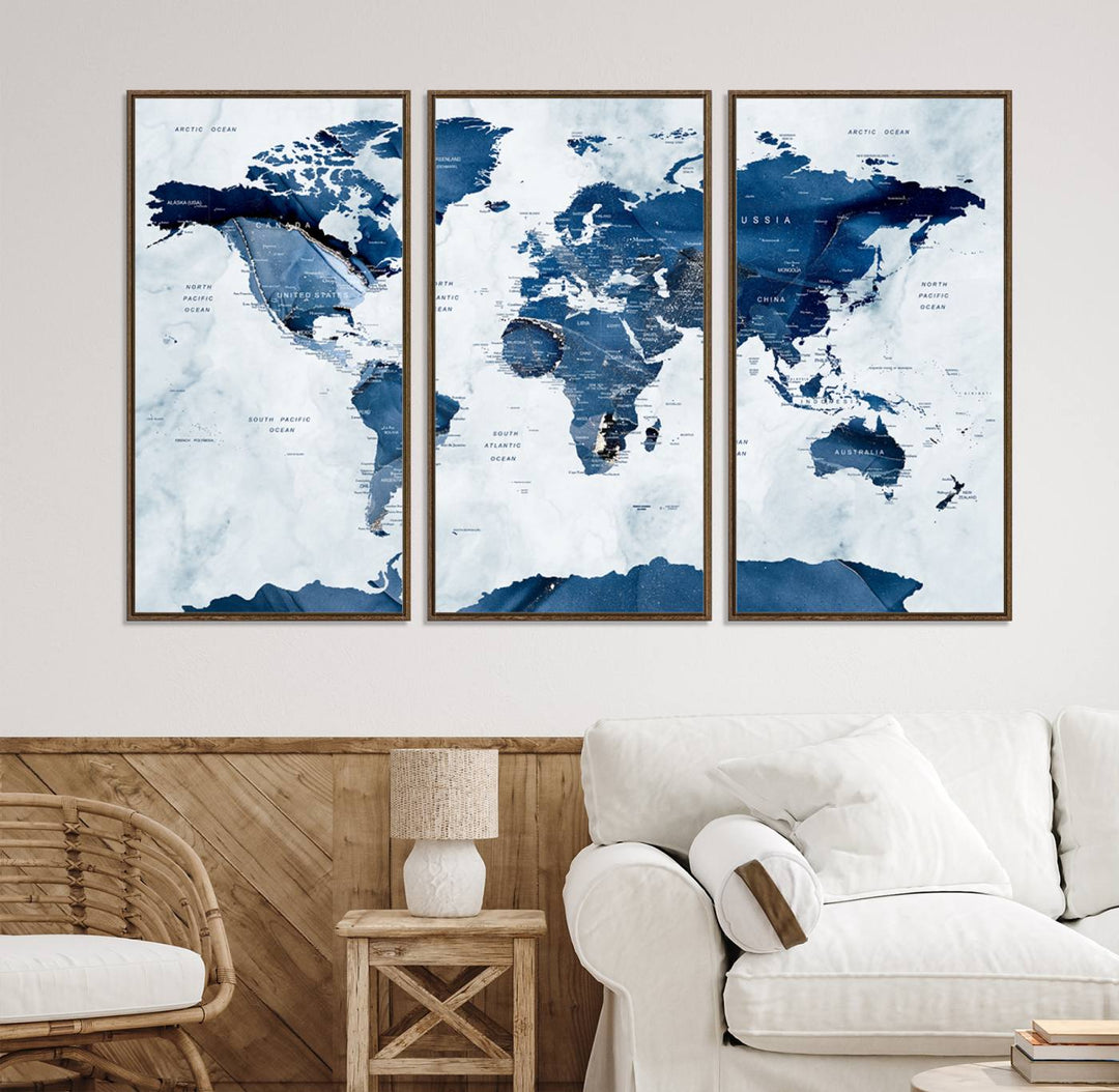 Navy Blue World Map with Antarctica Canvas: A perfect abstract home decor piece featuring a grunge-stained background.