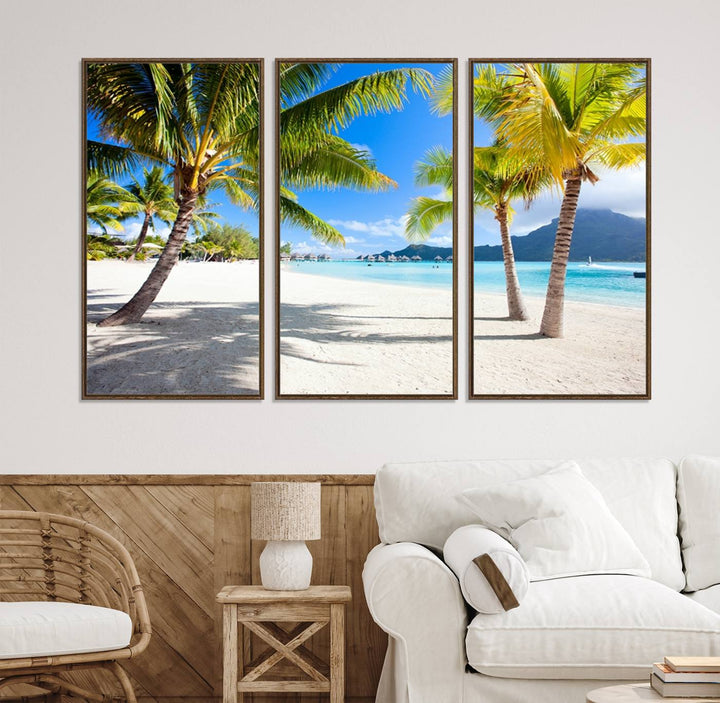 Blue Beach and Sea Wall Art Canvas Print: showcases a tropical scene with palm trees, white sand, and turquoise water.