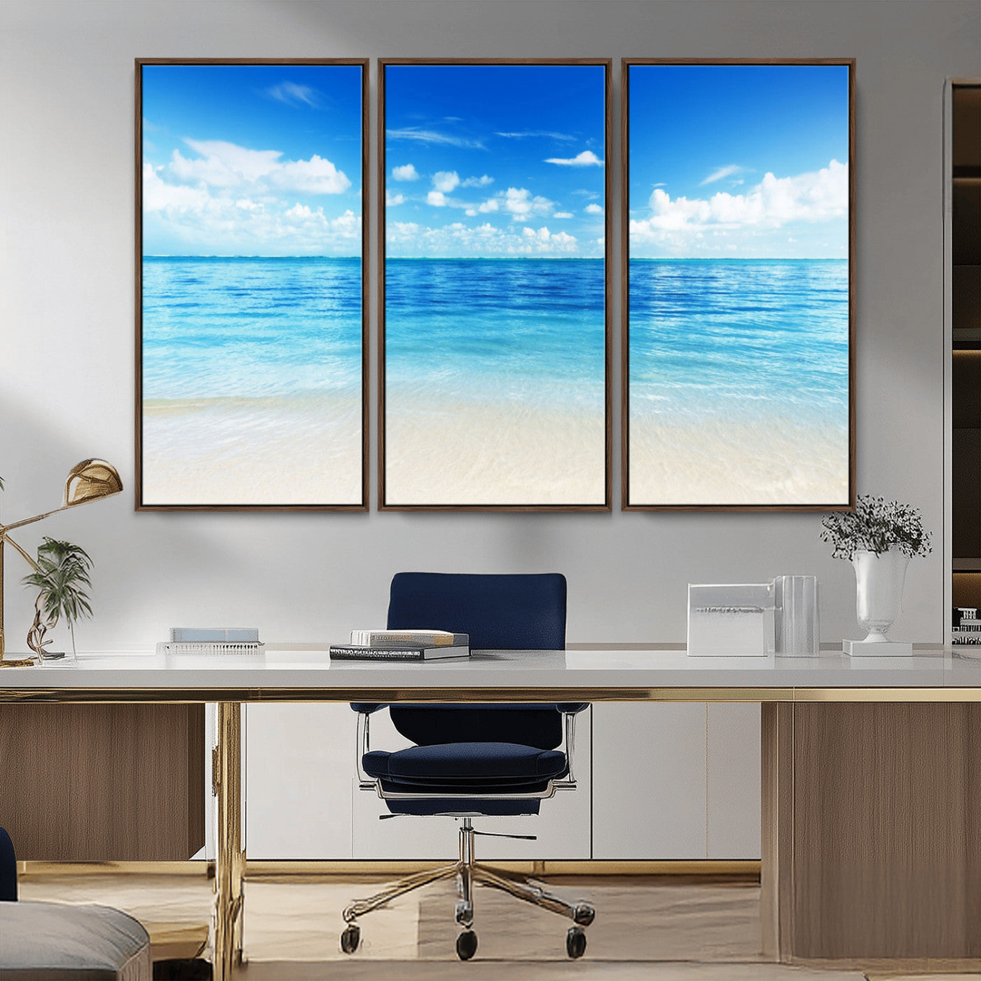 MGV-FC-48X32-3P - Beach Scene Canvas Wall Art Print – Tranquil Ocean Horizon and White Sand Beach Wall Decor for Home