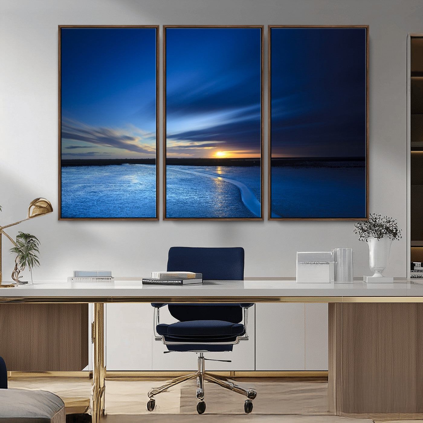 MGV-FC-48X32-3P - Blue Sunset Ocean Canvas Wall Art Print – Serene Coastal Horizon Wall Decor for Home or Office –