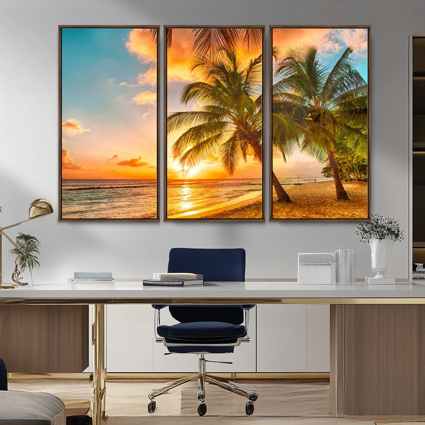 MGV-FC-48X32-3P - Tropical Sunset Beach Canvas Wall Art Print – Vibrant Palm Trees and Coastal Sunset Wall Decor for