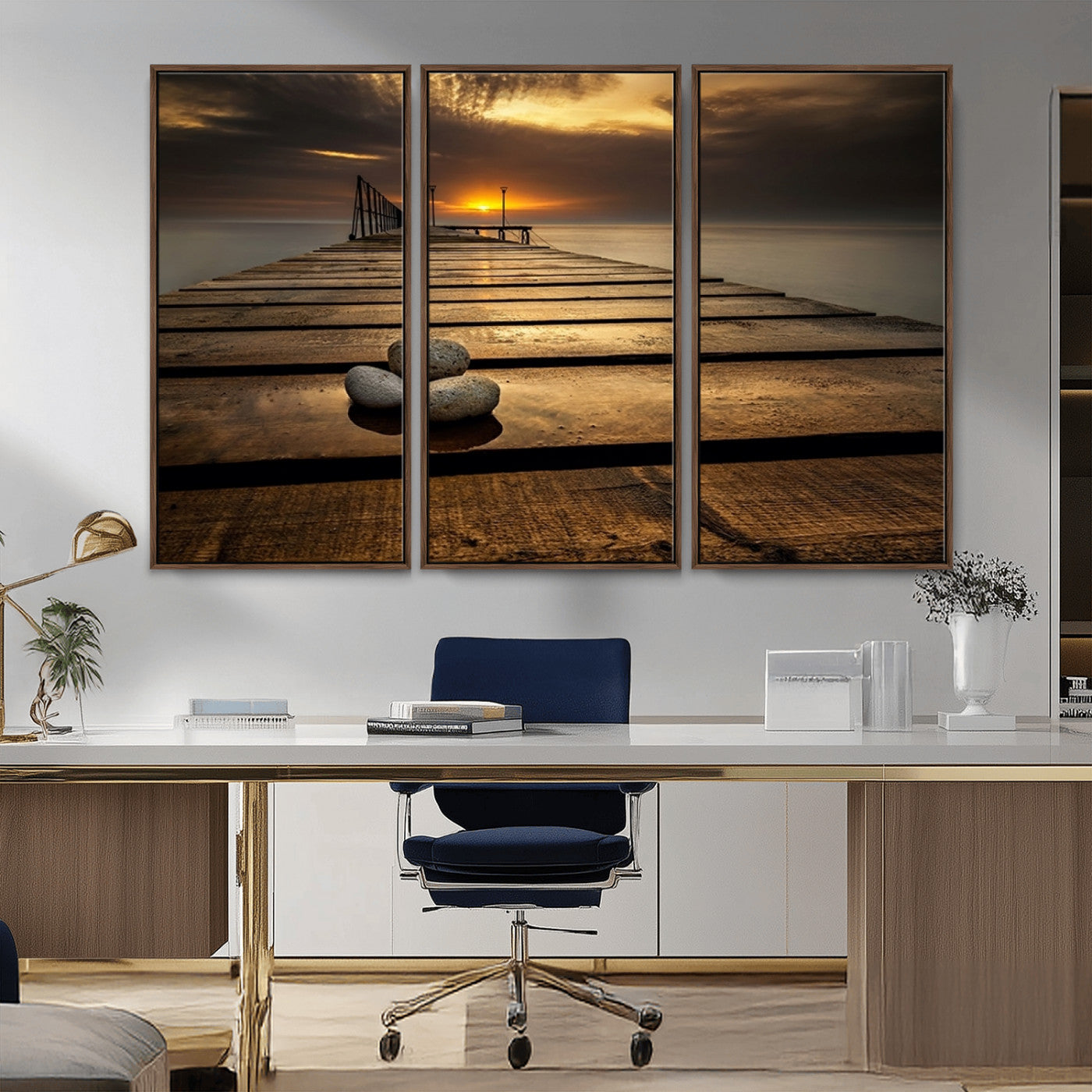 MGV-FC-48X32-3P - Stones on Wooden Pier at Sunset Canvas Print, Serene Coastal Wall Art, Beach Sunset Photography,