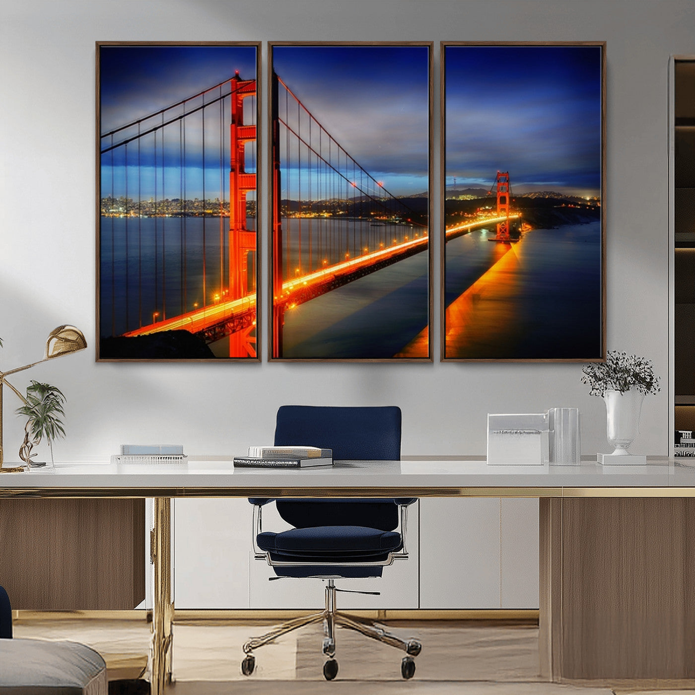 MGV-FC-48X32-3P - Large Wall Art San Francisco Canvas Print - Wonderful Golden Gate Bridge at Twilight