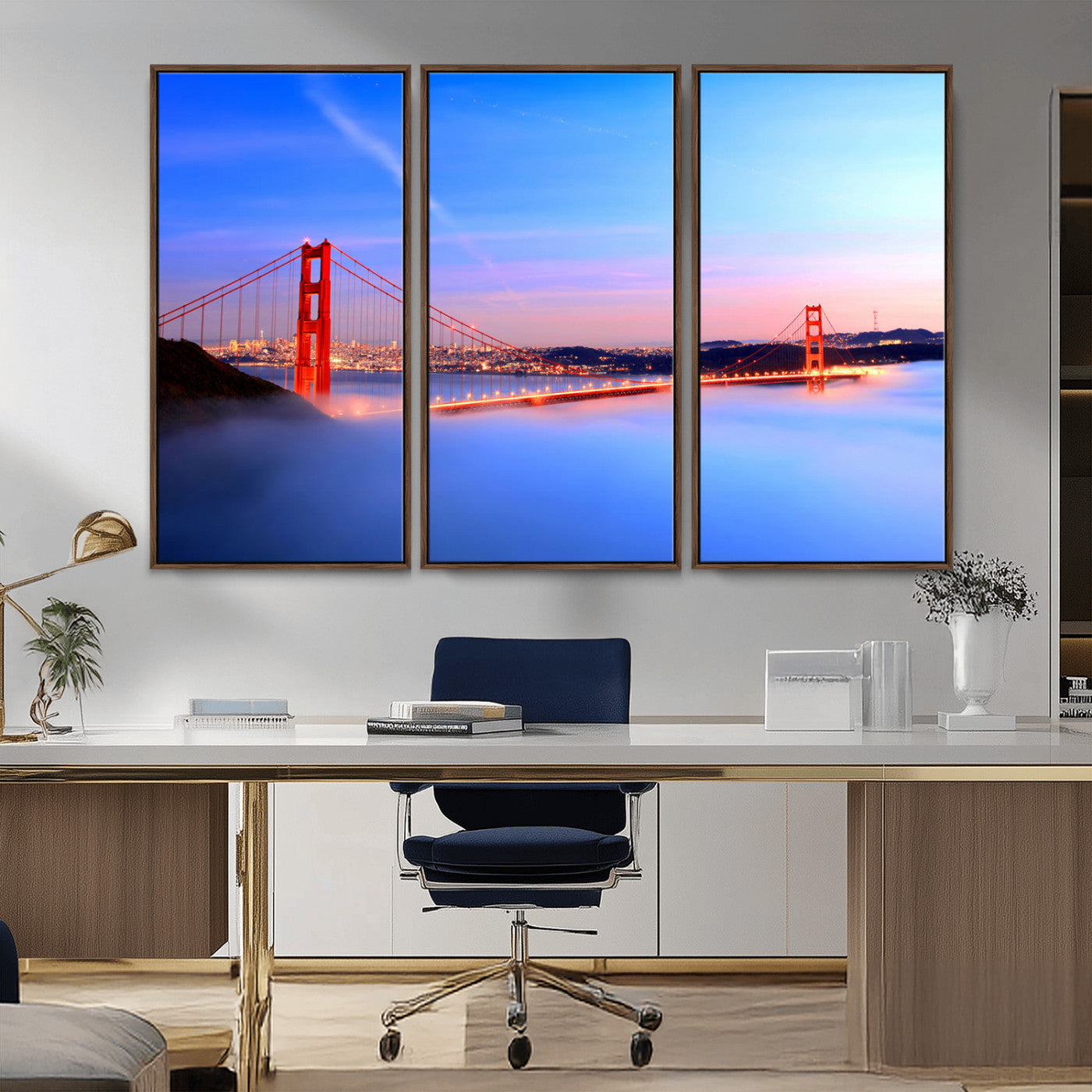 MGV-FC-48X32-3P - Golden Gate Bridge Wall Art Print, San Francisco Sunset Canvas Wall Art, Cityscape Canvas Print for