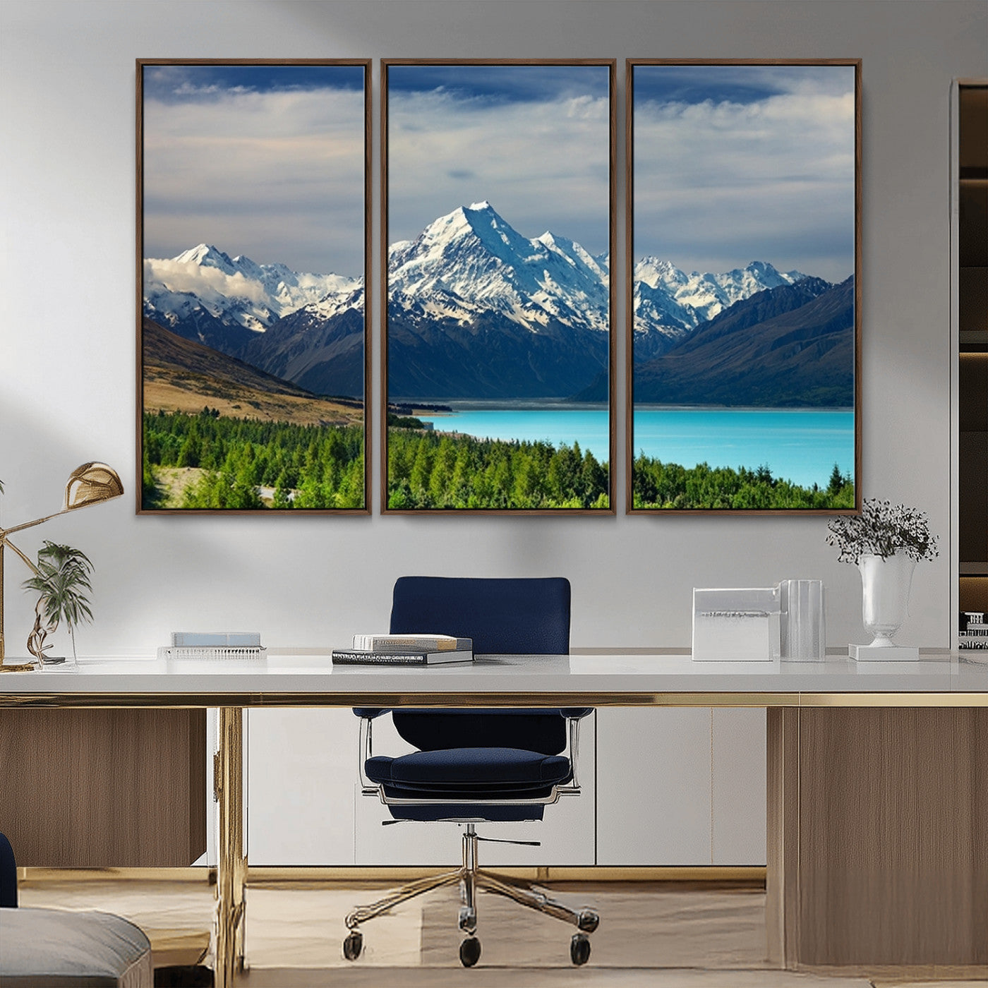 MGV-FC-48X32-3P - Mount Cook and Lake Pukaki Canvas Wall Art Print – Majestic Snow-Capped Peaks and Serene Lake Wall