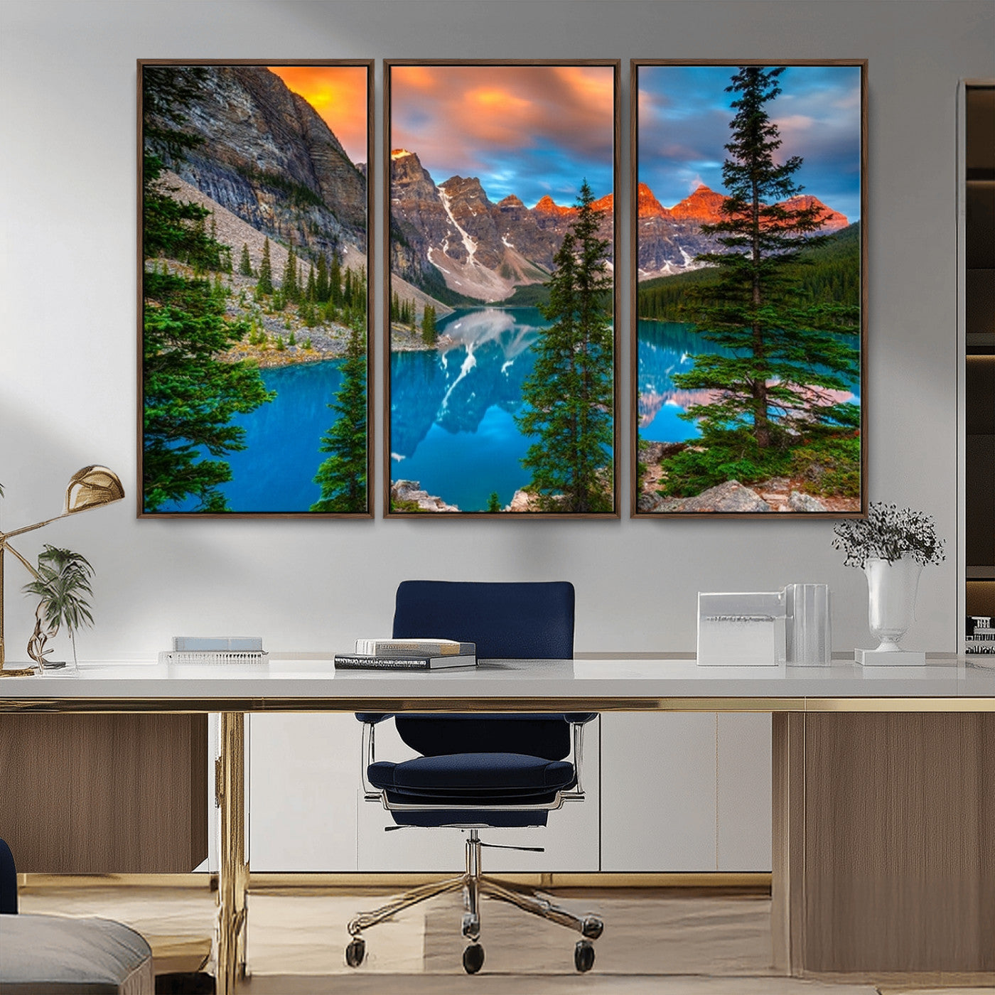 MGV-FC-48X32-3P - Canadian Rockies Moraine Lake Wall Art Canvas Print, Pine Trees Mountain Spring Canvas Print