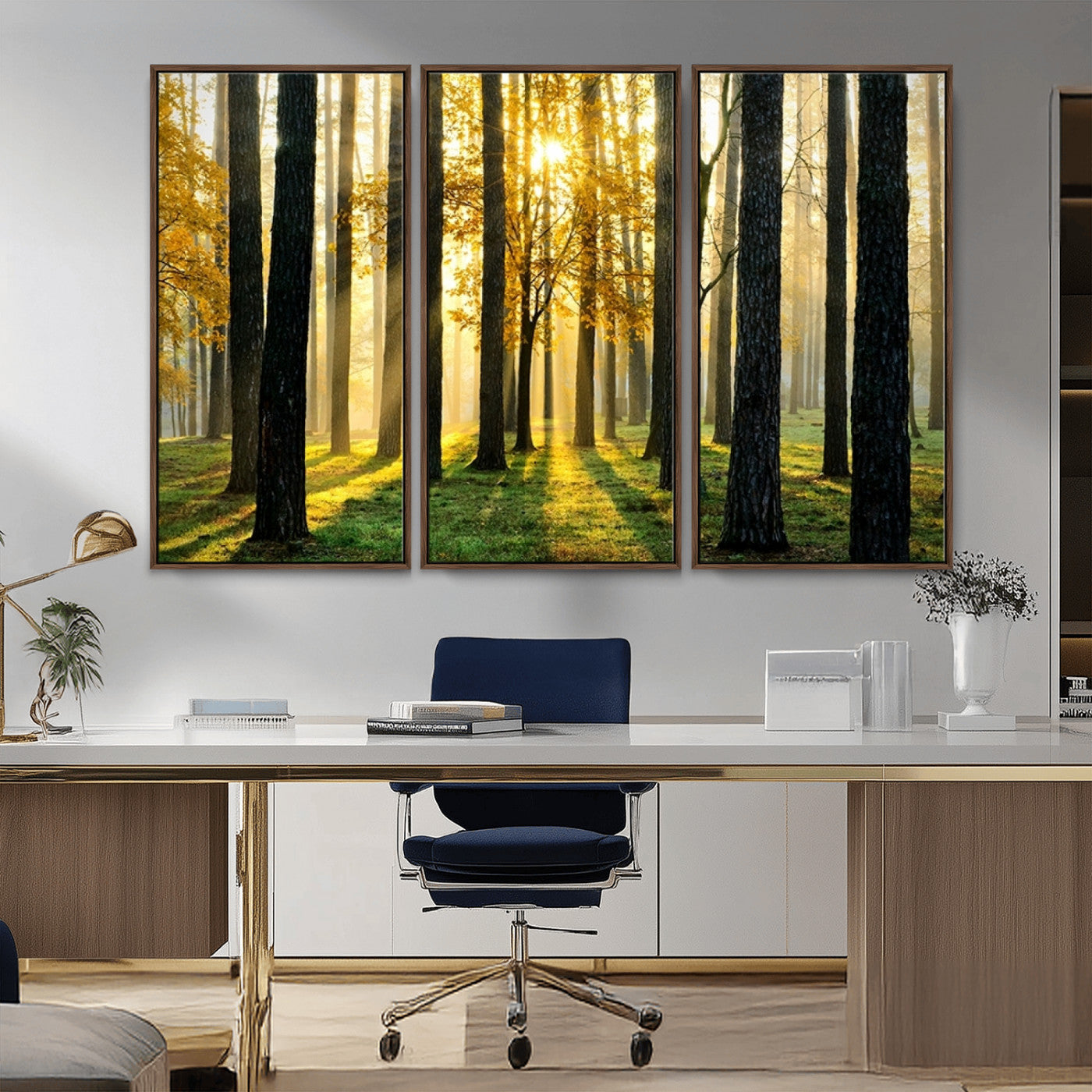 MGV-FC-48X32-3P - Sunlit Forest Wall Art Canvas Print - Large Framed Woodland Wall Art for Home or Office Decor,