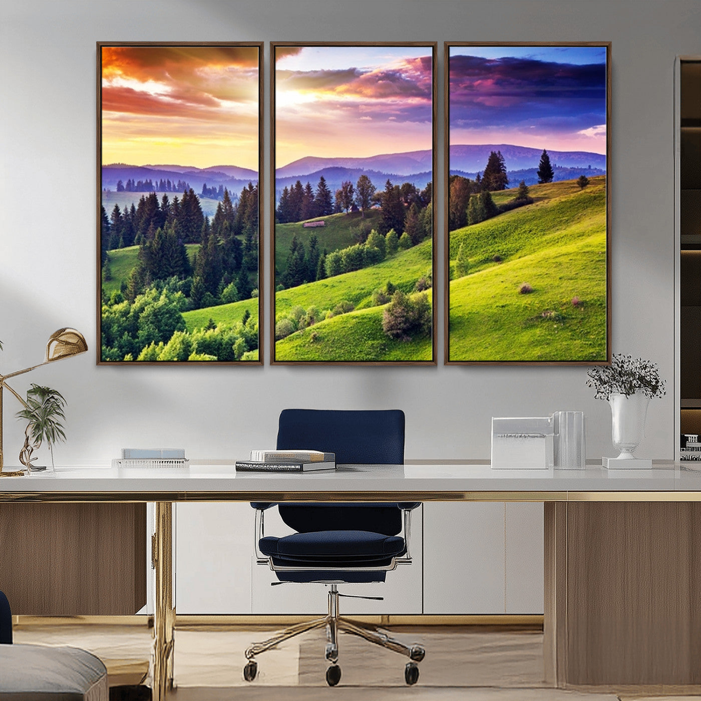 MGV-FC-48X32-3P - Green Hills and Sunset Wall Art Print - Scenic Landscape with Lush Greenery and Vibrant Sky, Ready