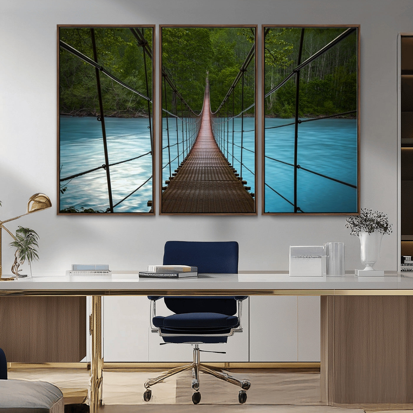 70229-MGV-FC-48X32-3P_Walnut-Suspension Bridge Over River Canvas Art | 3-Panel Nature Photography | Scenic Wall Art for Living