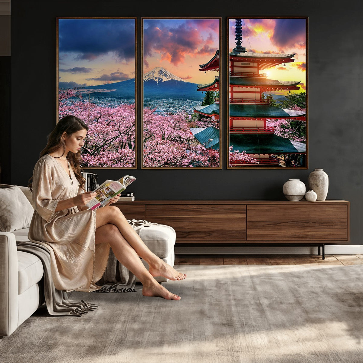 95987-MGV-CV-24X16 - Cherry Blossoms Canvas Print, Chureito Pagoda and Mount Fuji Wall Art