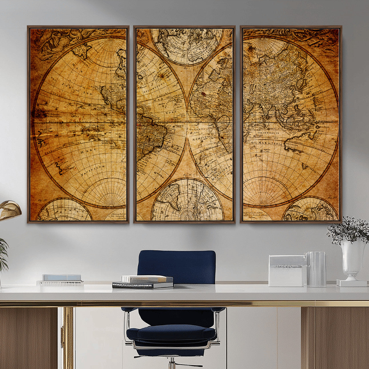 25517-MGV-FC-48X32-3P - Vintage World Map Canvas Print – Antique Push Pin Travel Map, Framed Wall Art for Home or Office Decor