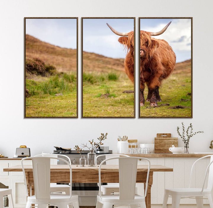 A Highland Cow Animal Canvas Wall Art hangs on the wall, adding warmth to the room.