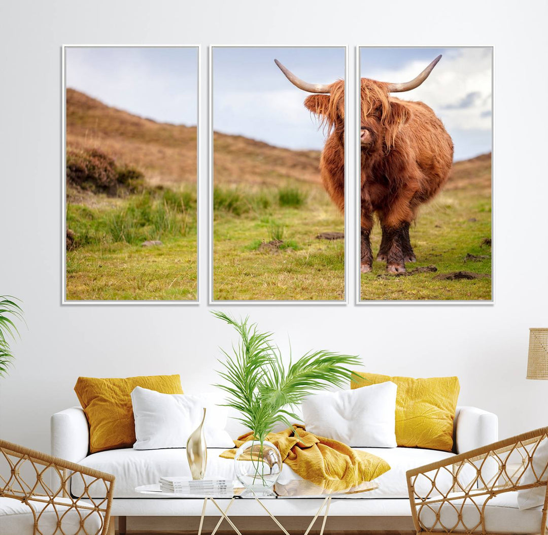 A Highland Cow Animal Canvas Wall Art hangs on the wall, adding warmth to the room.