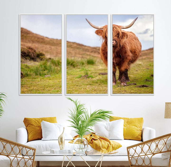 A Highland Cow Animal Canvas Wall Art hangs on the wall, adding warmth to the room.