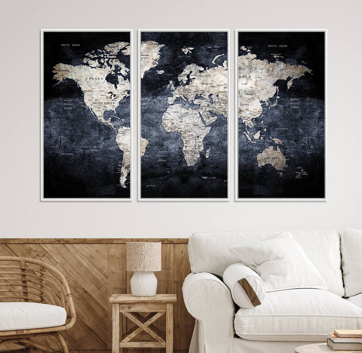 Rustic Black and Bronze World Map Canvas Triptych features white continents on a grunge-stained background.