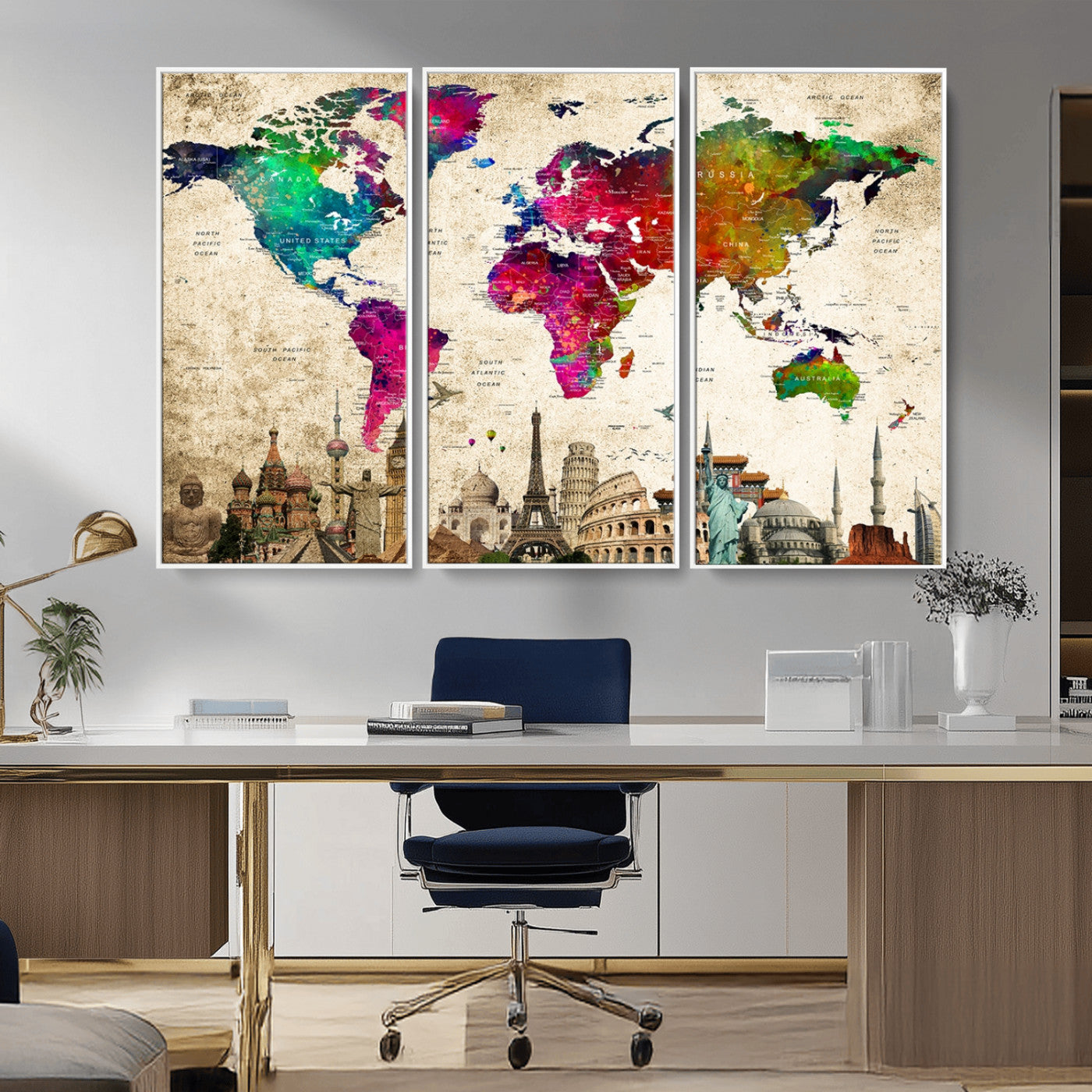 MGV-FC-48X32-3P - Push Pin World Map Canvas Print – Framed Wall Art for Couples to Track Their Travels – Anniversary