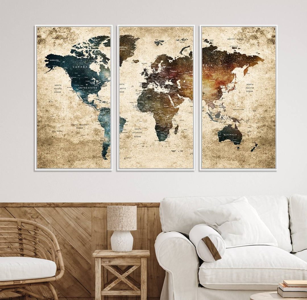 Grunge World Map Canvas featuring earth-toned continents, suitable for study, office, or living room.