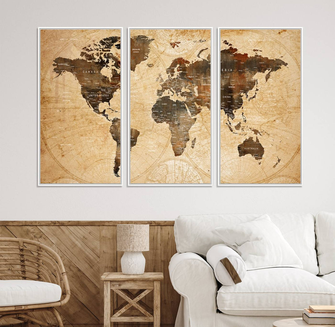Vintage World Map: 3-Panel Canvas Print in antique rustic style. Framed and gallery wrapped. Ideal for decor.