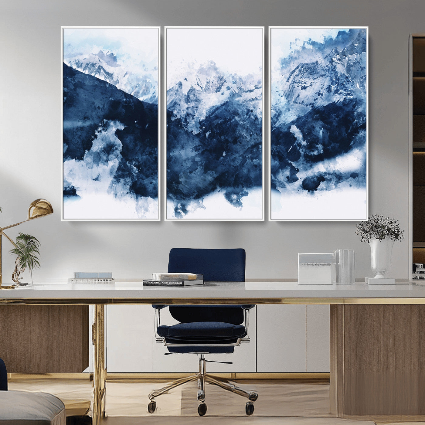 81700-MGV-CV-36X24-Abstract Blue Mountain Canvas Wall Art – Modern Triptych Landscape Print – Contemporary Nature Decor for Living Room or Office – Ready to