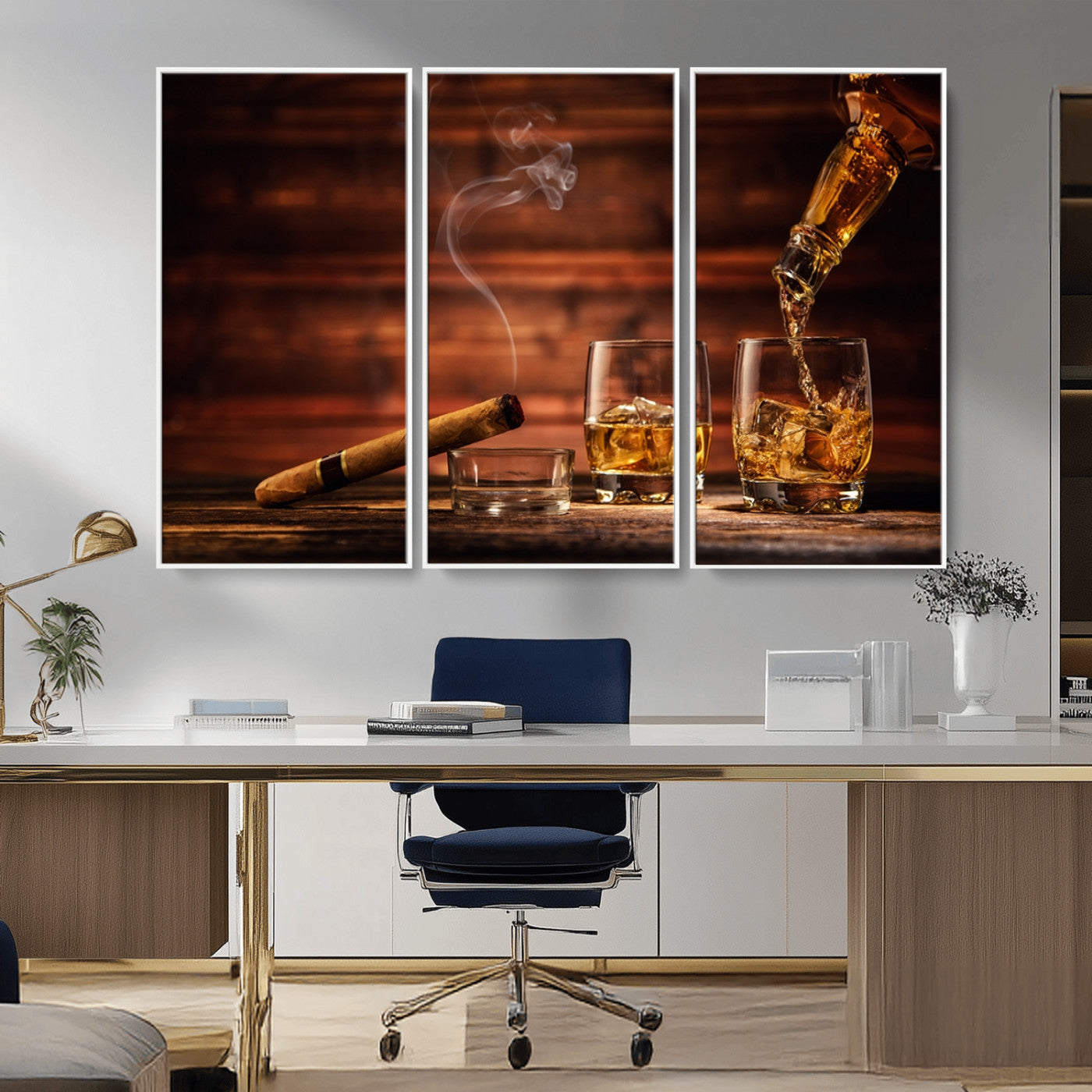 MGV-FC-48X32-3P - Whiskey and Cigar Wall Art Canvas | 3 Panel Bar Room Decor for Home Lounge, Office, or Man Cave |