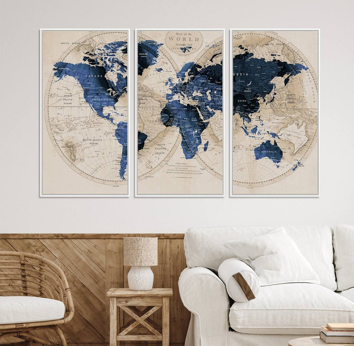 The Vintage Triptych Map Print is a grunge-stained blue and beige world map, perfect for enhancing wall decor.