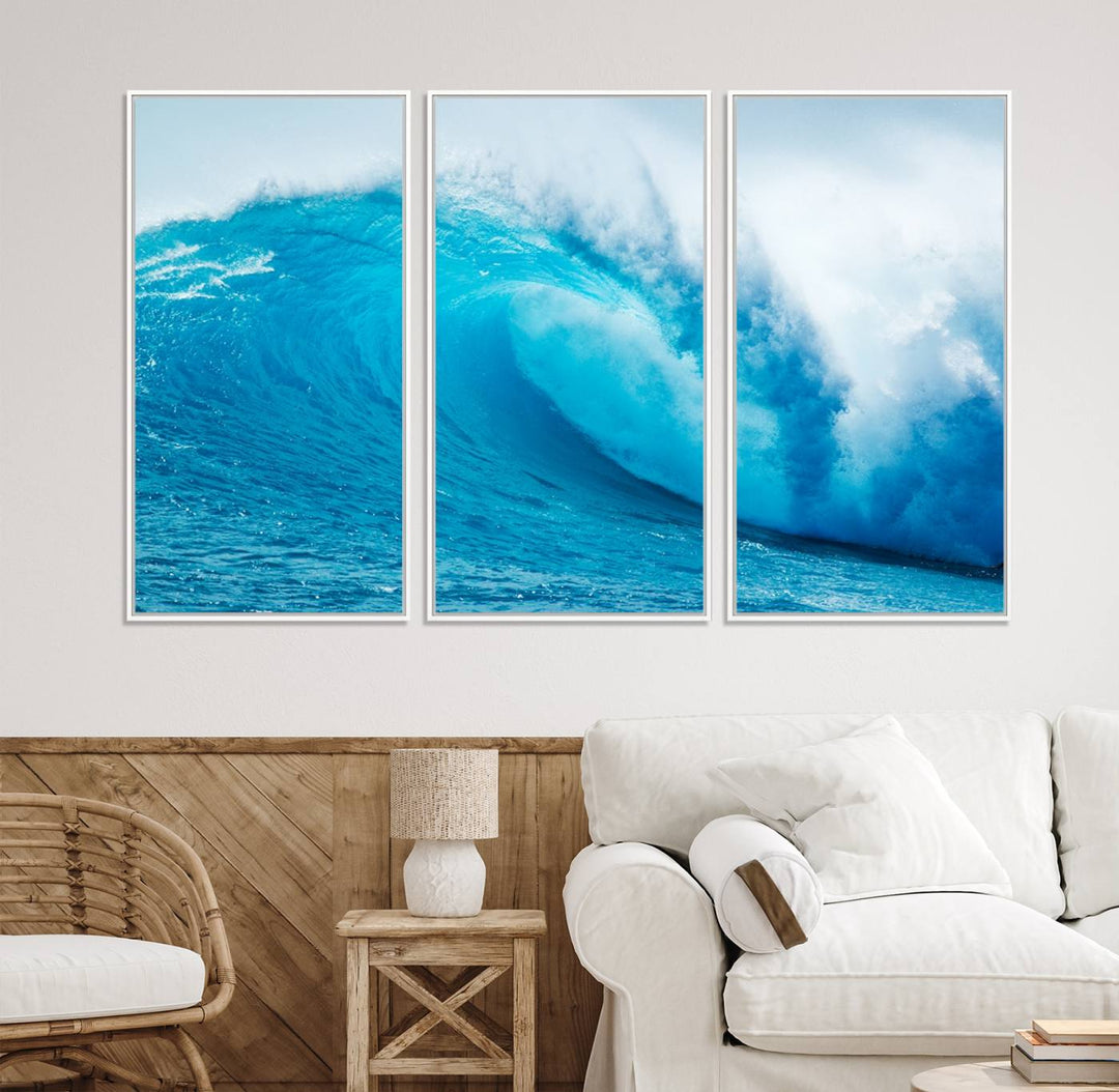 A museum-quality canvas depicting a vibrant blue ocean wave with white foam under a clear sky.