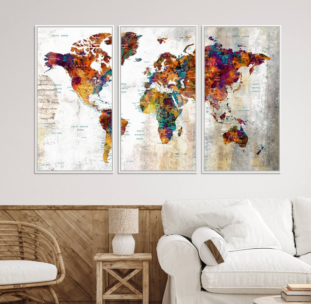 A vibrant Grunge Map Canvas Wall Art Set (3 Panels) for home or office decor, perfect for travel enthusiasts.