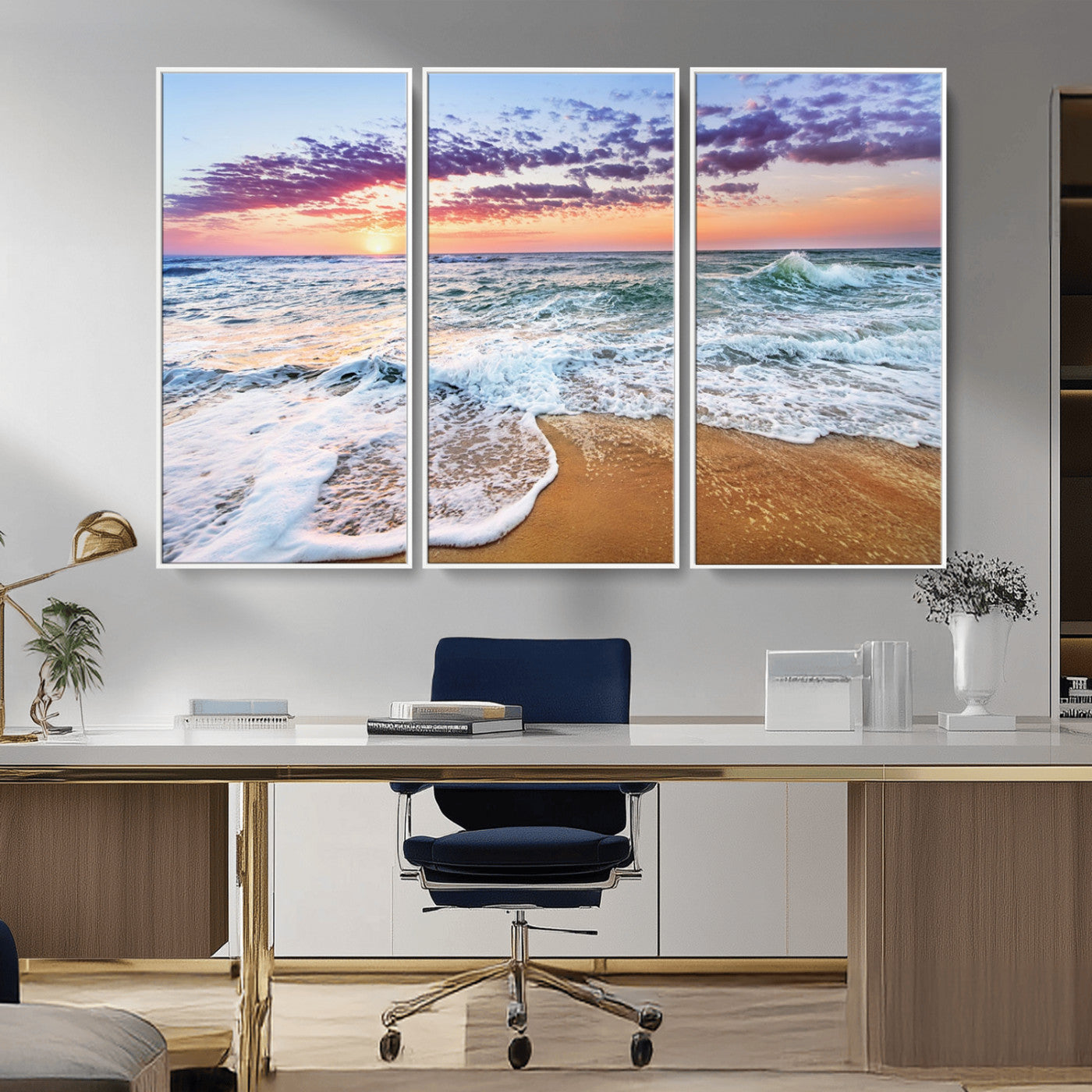 MGV-FC-48X32-3P - Coastal Sunset Art Beach Canvas Wall Art Print | Ocean Waves Wall Art | Large 3-Panel Seascape for