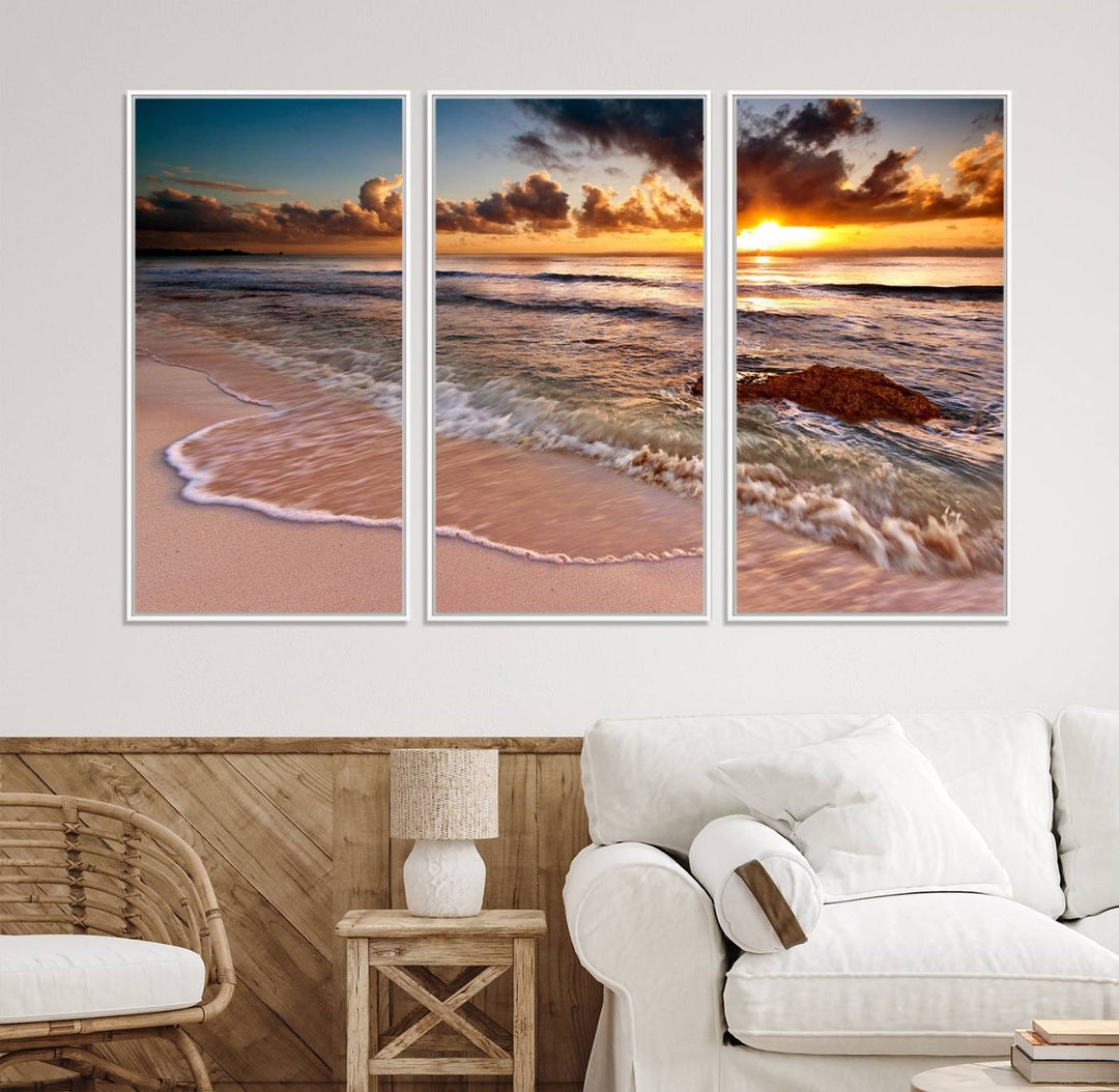 The Sunset on Ocean Wall Art Canvas Print beautifully captures a beach sunset, gentle waves, and a peaceful atmosphere.