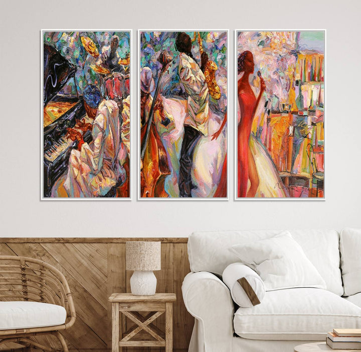 The Abstract Afro American Jazz Canvas captures a vibrant jazz band and showcases a woman dancing in red, making it perfect for dining or music spaces.