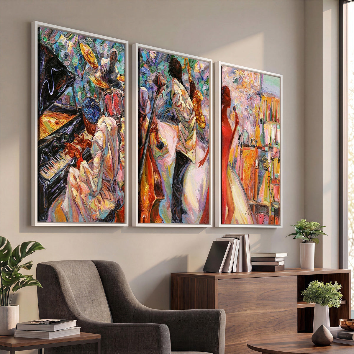40574-_Poster-30x20 - Afro American Jazz Band Canvas Wall Art | 3 Panel Music Studio Decor