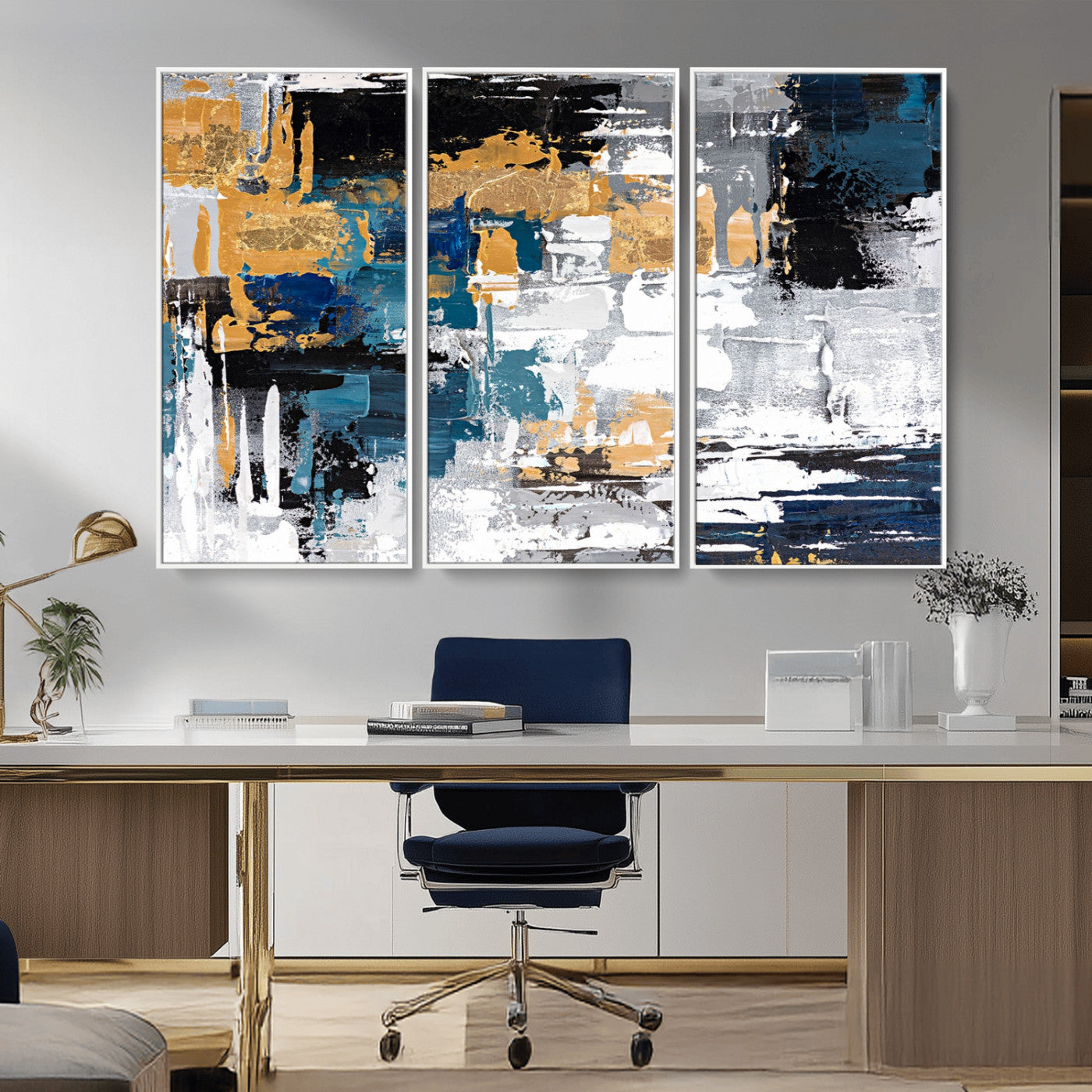 57708-MGV-CV-36X24-Blue and Gold Abstract Canvas Wall Art – Triptych Modern Painting for Living Room – Framed and Ready to Hang