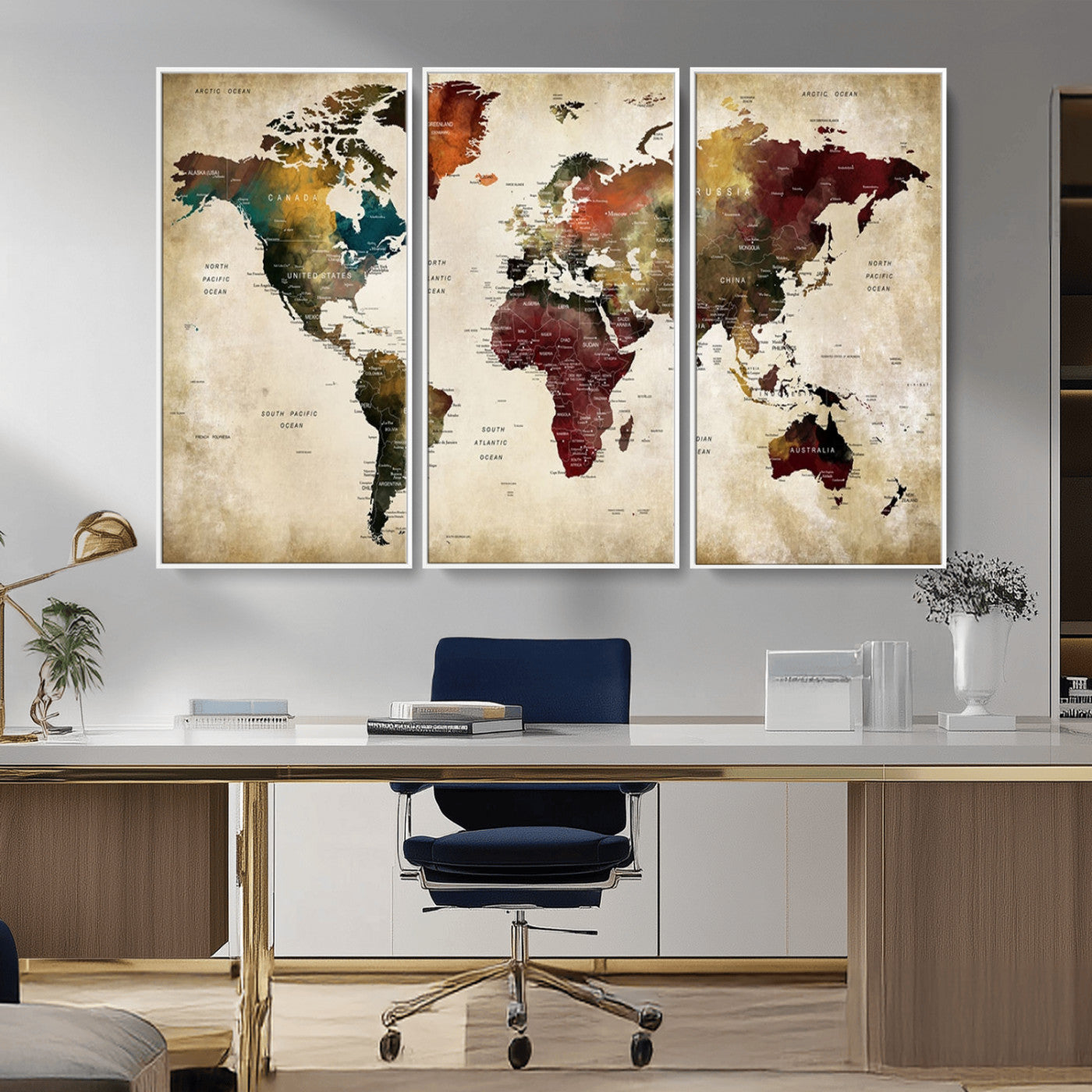 MGV-FC-48X32-3P - Large World Map Wall Art Canvas Print, Framed Push Pin Map Art Picture Print, Abstract Traveller Map Perfect Modern Decor Artwork