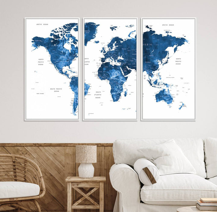 Navy Blue Wall Art World Map Canvas Print, an ideal piece for anyone seeking unique home or office decor.