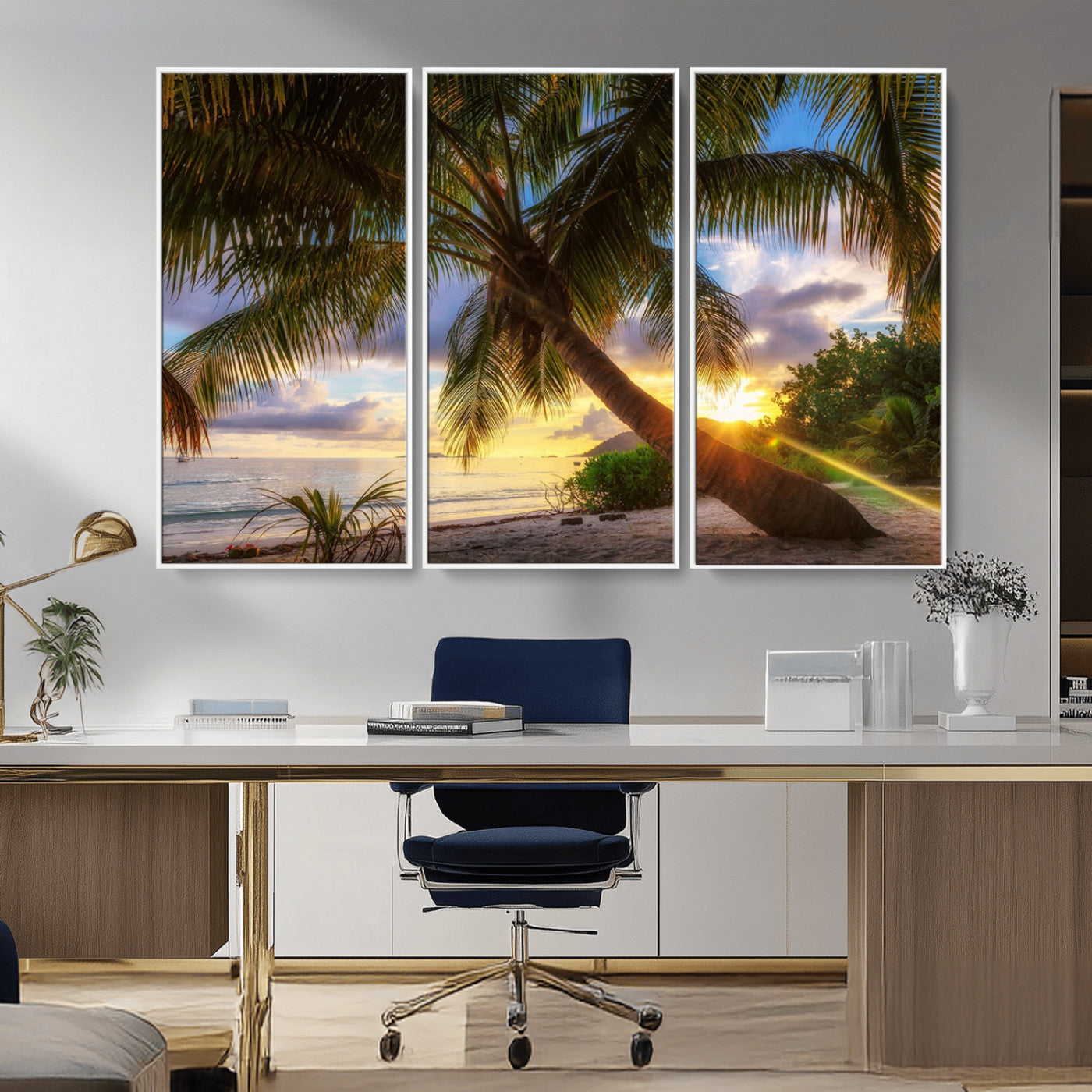 MGV-FC-48X32-3P - Tropical Island Sunset on the Beach Palms Wall Art Canvas Print