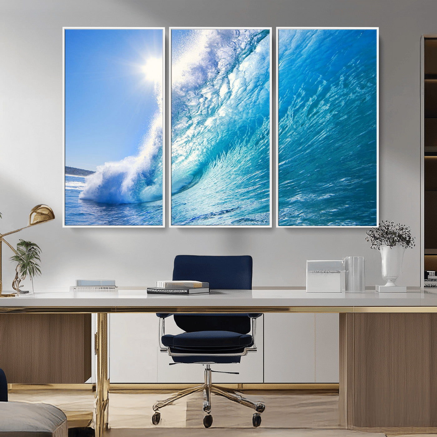 MGV-FC-48X32-3P - Blue Big Wave Surfing Ocean Canvas Wall Art Artwork Print , Surf Wall Art, Sea Wall Art