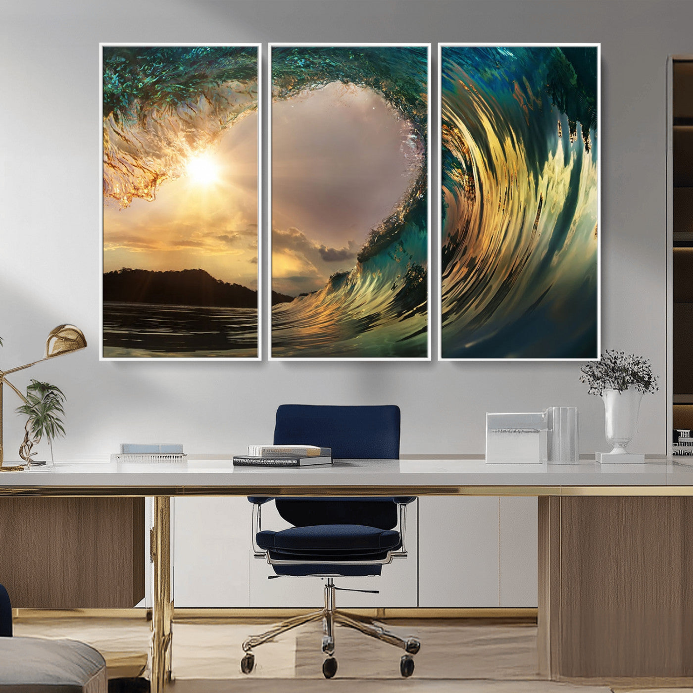 MGV-FC-48X32-3P - Golden Wave Sunset Giclee Canvas Print – Large Coastal Wall Art for Nature Lovers, Captivating Ocean Wave Decor